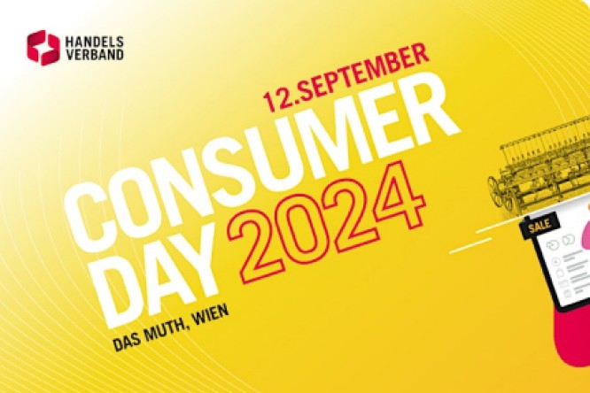 Ankündigung des Consumer Day 2024, der am 12. September im Muth, Wien, stattfindet. Veranstaltet vom Handelsverband. Das Poster hat einen gelben Hintergrund mit weißer und roter Schrift und enthält ein Verkaufsicon.