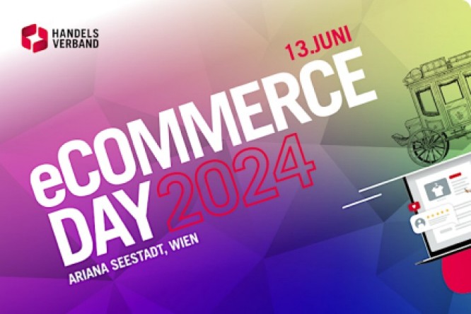 Ankündigung des eCommerce Day 2024, der am 13. Juni in der Ariana Seestadt, Wien, stattfindet. Veranstaltet vom Handelsverband. Das Poster hat einen lila Hintergrund mit weißer und roter Schrift und zeigt ein Einkaufswagenicon.