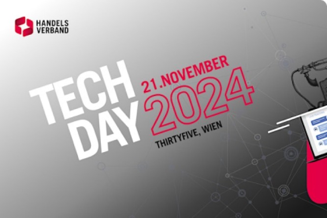 Ankündigung des Tech Day 2024, der am 21. November im ThirtyFive, Wien, stattfindet. Veranstaltet vom Handelsverband. Das Poster hat einen grauen Hintergrund mit weißer und roter Schrift und enthält ein Technologieicon.