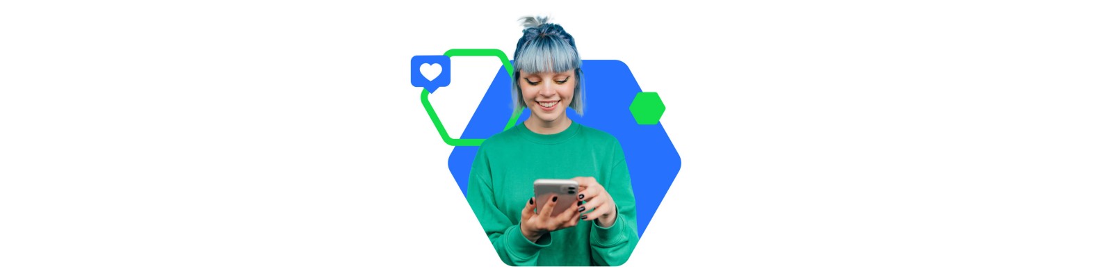 Eine Person mit grünem Oberteil hält und benutzt ein Smartphone. Im Hintergrund befinden sich geometrische blaue und grüne Formen sowie ein Herzsymbol in einer Sprechblase. Das Setting deutet auf einen digitalen oder Social-Media-Kontext hin.